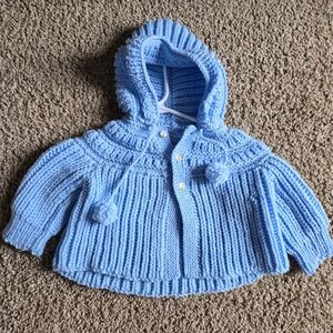 Hand Knit Baby Sweater Pink Hooded Cardigan 6-9 Months Boutique Style